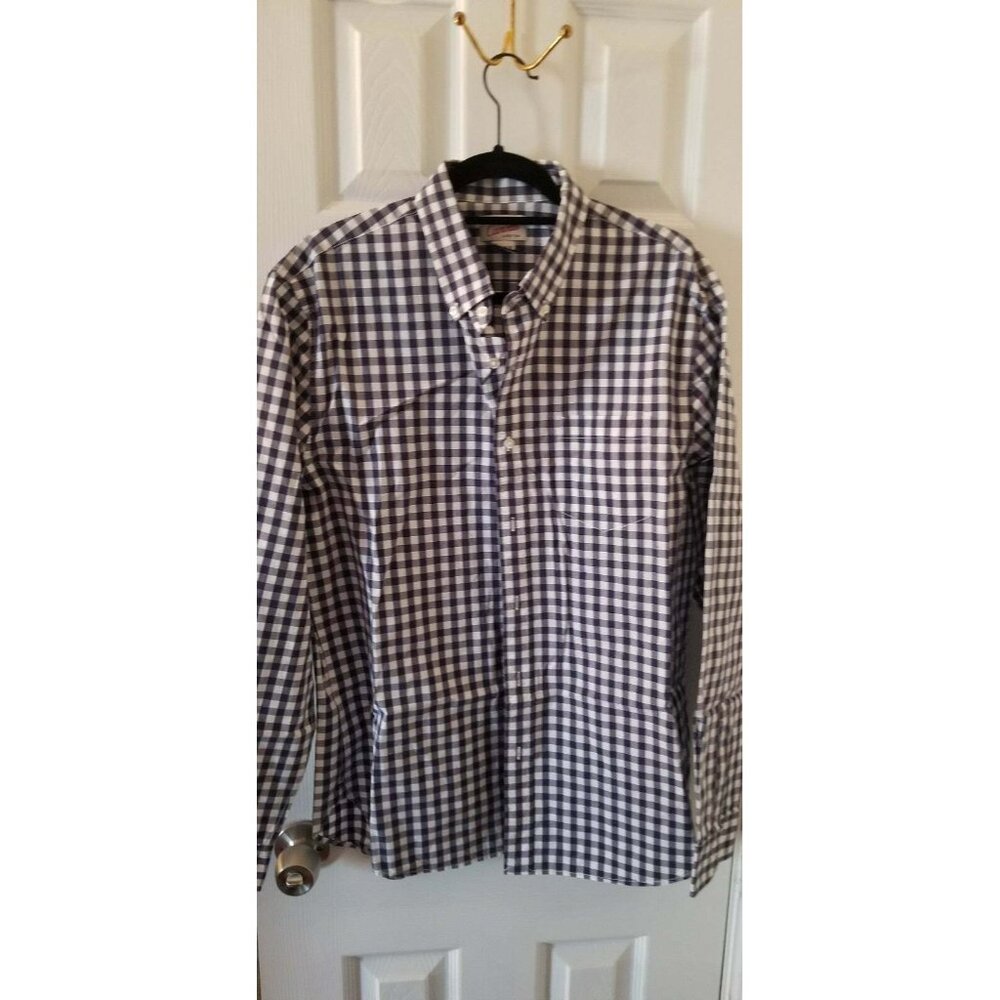 Lands End Canvas Mens Navy & White Gingham Button-Down Shirt L/XL 100% Cotton